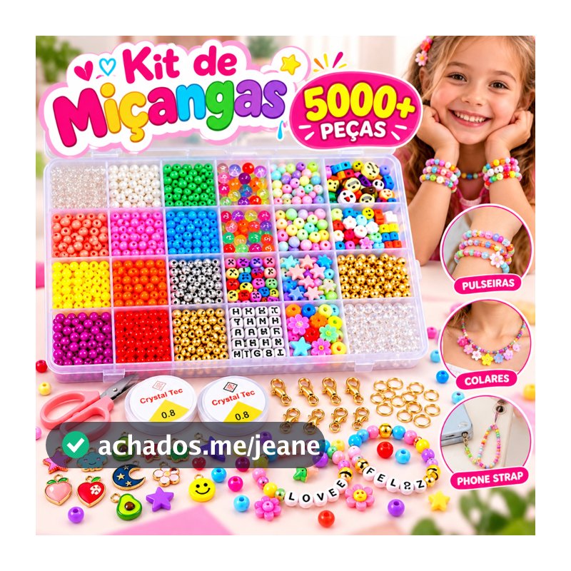 Kit Miçangas Infantil 5000 Peças com Maleta para Pulseiras Colares Phone Strap e Bijuterias