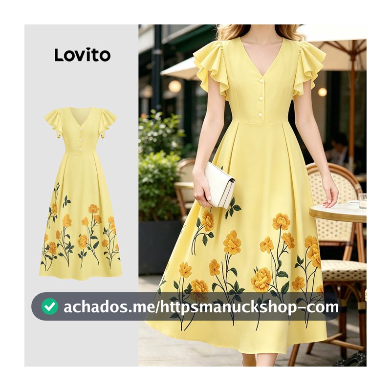 Lovito Padrão de Vestido Boho Botão Babado Primavera/verão Vestido Amarelo para mulheres L198ED3266