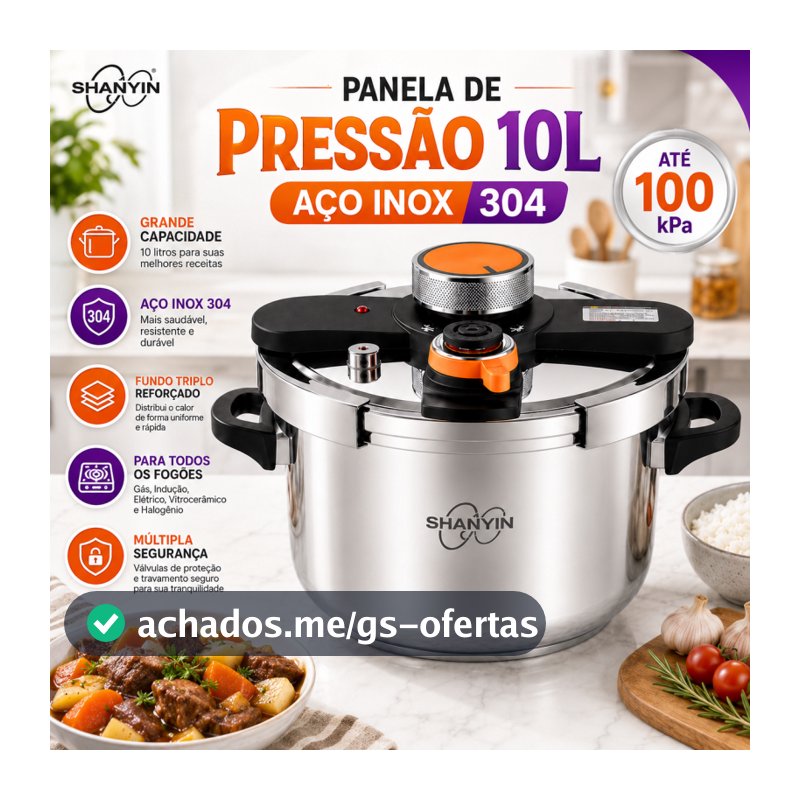 Panela de Pressão Inox 304 10L 100kPa com Cesto a Vapor, Trava Giratória, 3 Níveis, Indução e Gás
