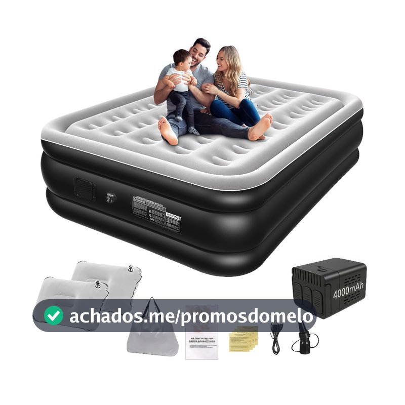 Colchão Inflável Queen Casal em Material Mais Espesso com Bomba Elétrica Embutida e 2 Travesseiros