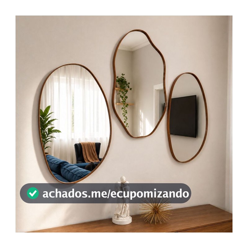 Kit Combo Espelhos Orgânicos Decorativos De Parede Com Moldura Couro Reforçado P/ Sala Banheiro Hall