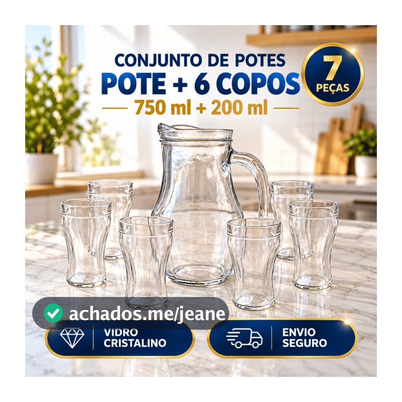 Jogo De Jarra Vidro 750ml Mais 6 Copos Tulipa 200ml Suco Agua Refrigerante Mesa Posta Almoco Familia