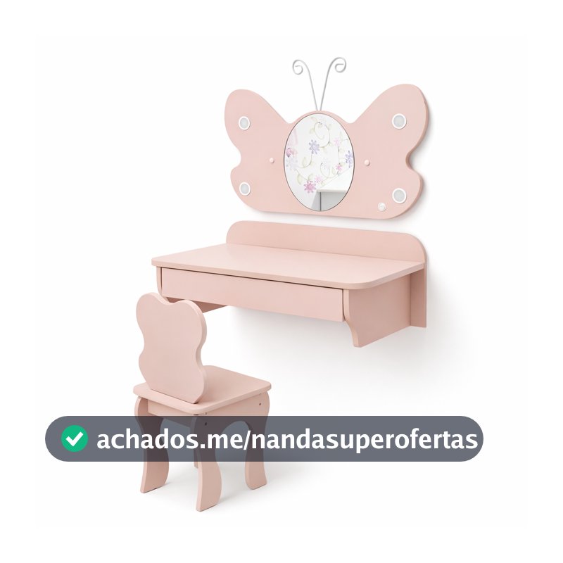 Penteadeira Infantil Em MDF Iluminação LED Embutido Espelho Banqueta Inclusa Criança Quarto Rosa