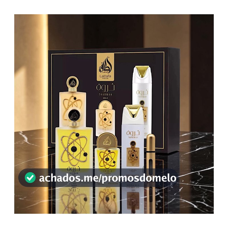 Kit Lattafa Pride Tharwah Gold Eau de Parfum 100ml + Mini 20ml + Perfumed Spray 200ml + Atomizador (Arabe) – Feminino