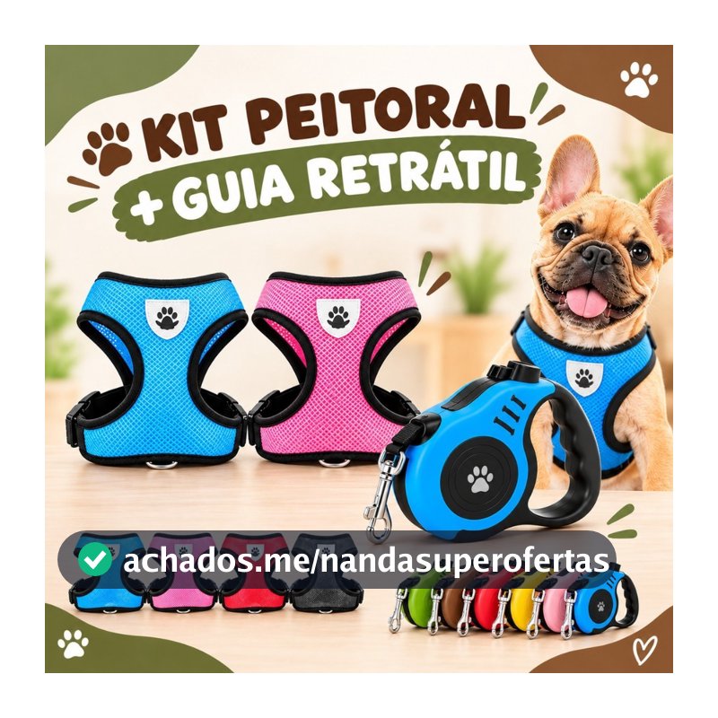 Peitoral + Guia Retrátil Cachorro Coleira Pet Ajustável Passeio Cães Pequenos Médios Passeio
