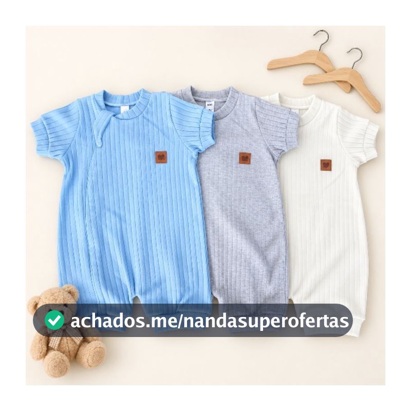 kit 3 macacões curto suedine liso para bebês cores minimalista