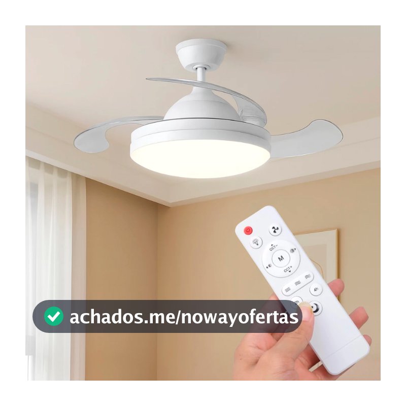 Ventilador de Teto Retrátil Luz Ajustável Silencioso Com Controle Remoto Moderno
