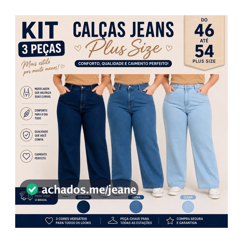 KIT 3 CALÇAS JEANS PLUS SIZE FEMININA LISA CINTURA ALTA WIDE LEG RETA CONFORTÁVEL DO 46 AO 54