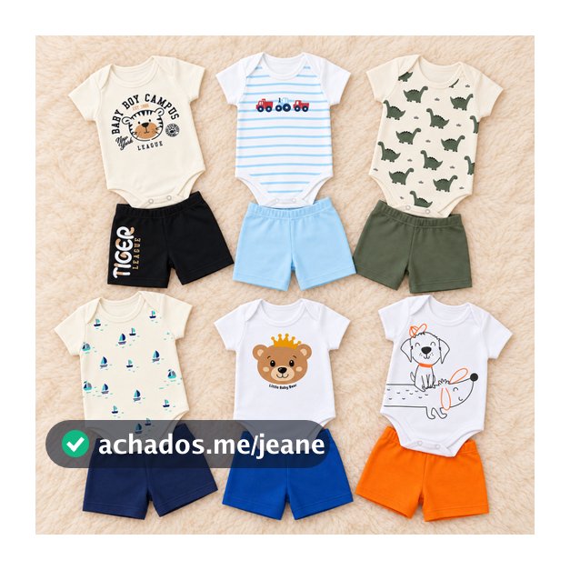 Kit 6 Peças Roupa de Bebê Menino 100% Algodão 3 Body Manga Curta + 3 Shorts Nenem Verão P ao GG