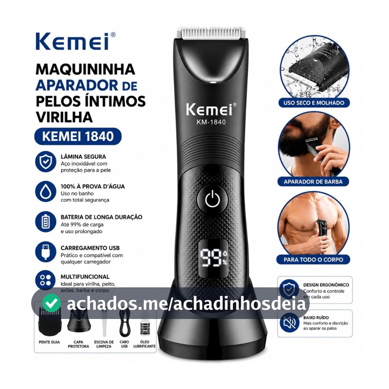 Maquininha Aparador Pelos Íntimos Kemei 1845 Ou 1838 Virilha Barba Corpo IPX7