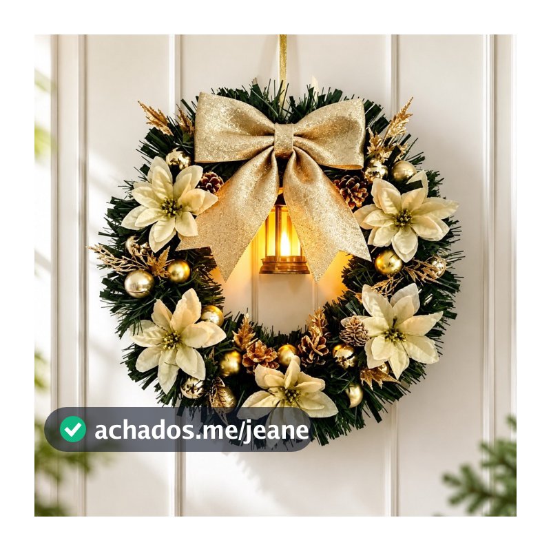 Guirlanda de Natal 30/40cm com Lanterna LED Laço Dourado Flores Pinhas Decoração Natalina para Porta