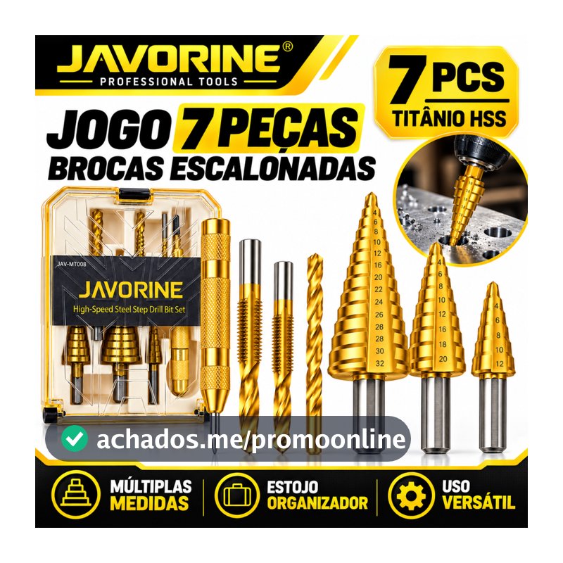 JAVORINE Jogo 7 Brocas Titânio Escalonada Amarela Aço Broca Corte Lateral Marcador Punção C/ Caixa Organizador