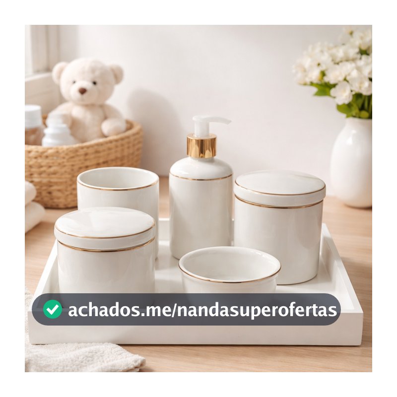 Kit Bebe Porcelana Filete Ouro Bandeja 5Pçs Higiene Delicado