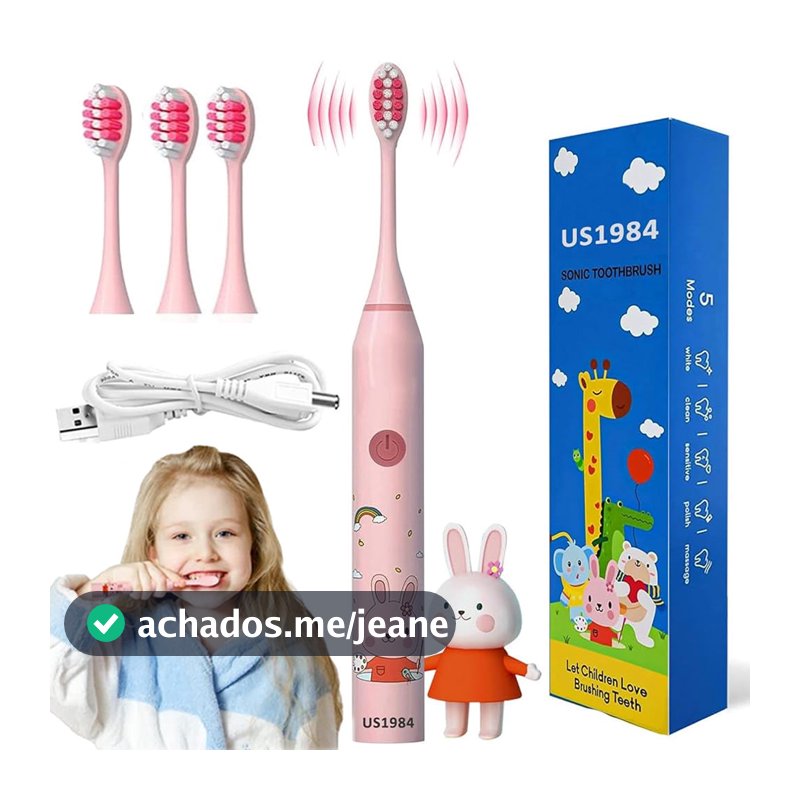 Escova Elétrica Infantil USB + 4 Cabeças Remove Placa Cerdas Macias Recarregável IPX7 Sônica Bucal