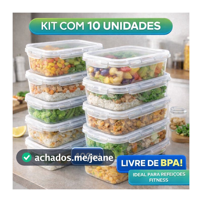 Kit 10 Potes Marmita Fit 400ML Retangular Com Tampa 4 Travas Jogo de Potes Livres de BPA
