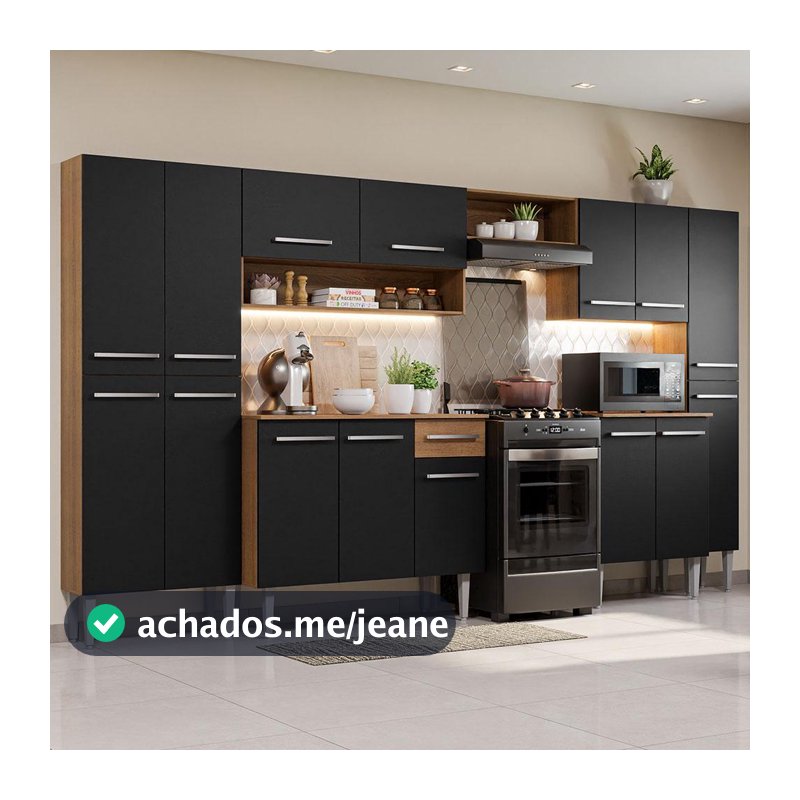 Armário de Cozinha Completa 325cm Preto/Rustic Emilly Joy Madesa