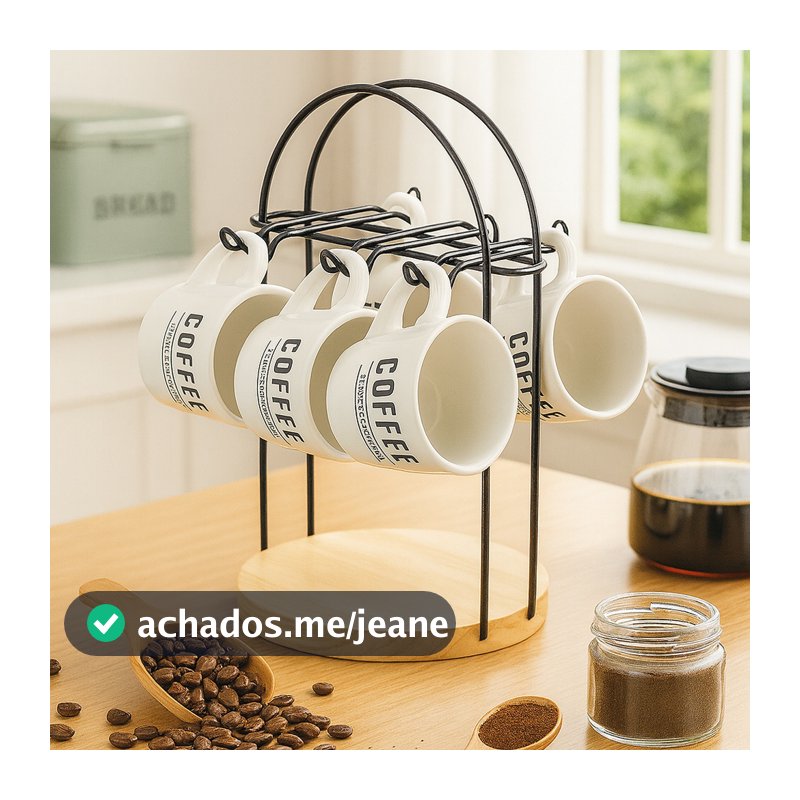 Suporte Organizador Porta Xícaras e Pires Jogo Chá Louça Cantinho do Café Base Madeira Ferro Vintage
