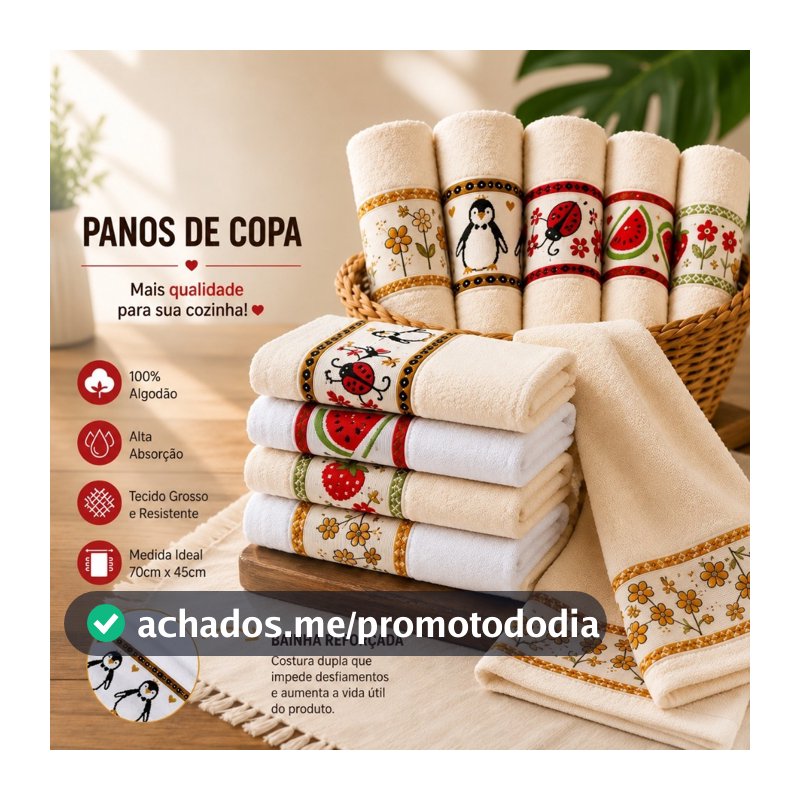 Kit 3 e 5 Panos de Copa Algodão Felpudo Alta Absorção para Cozinha Uso Diário Limpeza Doméstica