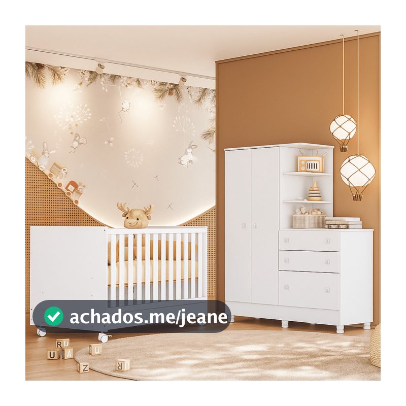 Berço e Guarda Roupa com Cômoda Doce Sonhos Qmovi