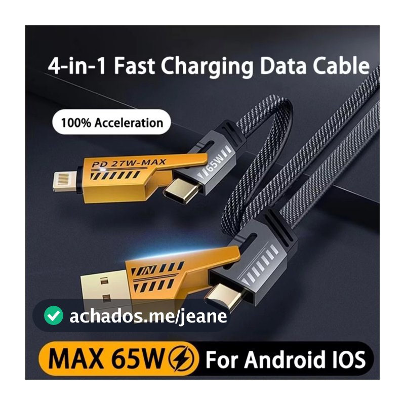 Cabo Turbo Tipo C para iPhone Xiaomi Samsung USB 4 em 1 Turbo 65W/PD 27W Cabeça de Metal Revestida de Nylon