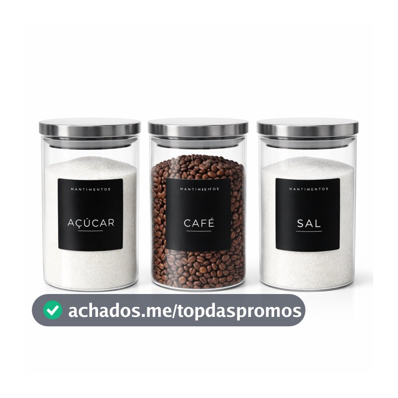 Conjunto 3 Potes Herméticos Tampa Inox 1000 ML Vidro Com Etiquetas Pretas Açúcar Café e Sal