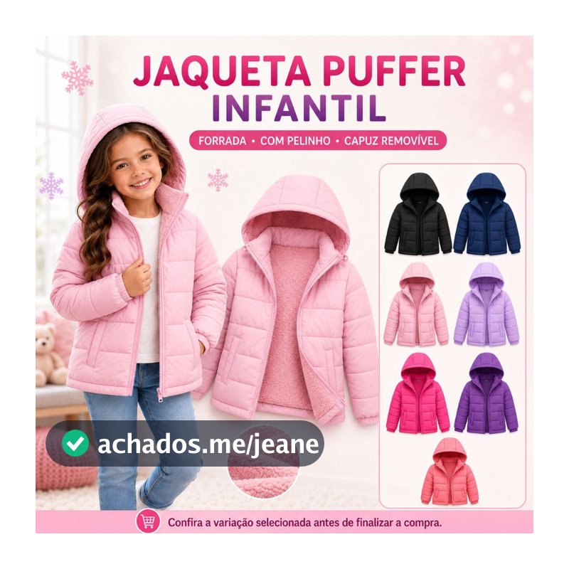 Jaqueta Puffer Infantil Feminina Bobojaco Pelinho Forrada Capuz Removivel Frio Intenso