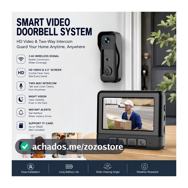 Conjunto de campainha de vídeo sem fio de 4.3 polegadas Câmera HD Chamada bidirecional Luz de preenchimento de visão not