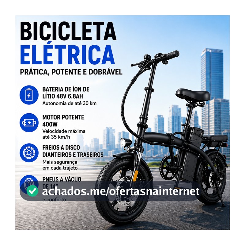 Bicicleta Elétrica Dobrável 400W 48V Bateria de Lítio Removível Até 35km/h Autonomia 30km Freio a Disco