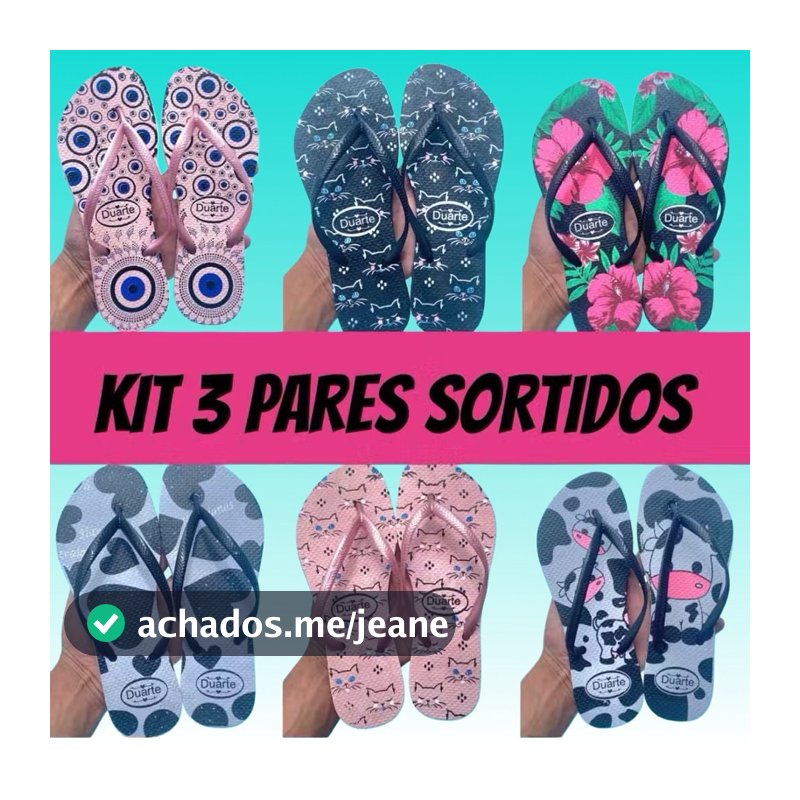 kit 3 pares estampas sortidas chinelo feminino