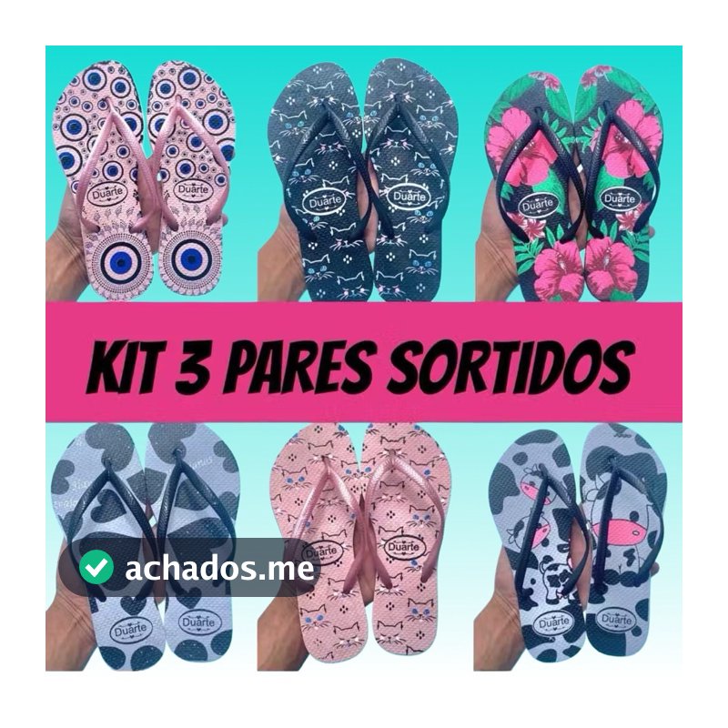 kit 3 pares estampas sortidas chinelo feminino