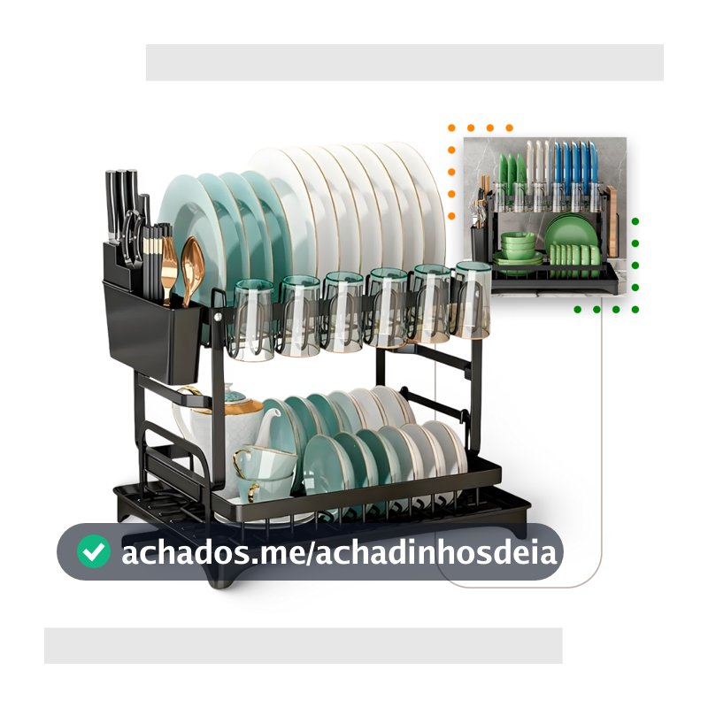 Escorredor de Louça 2 andares Duplo Metal Preto com Bandeja Coletora Agua Organizador Ajustável Pratos Talheres