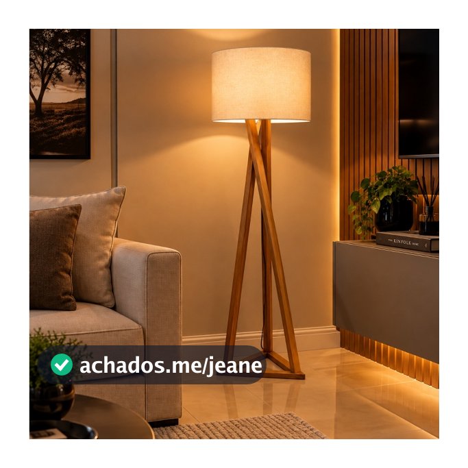 Abajur de Piso Com Pés em Madeira Luminária Moderna Decorativa Para Sala Quarto Leitura Cúpula Reforçada Ferro e Tecido