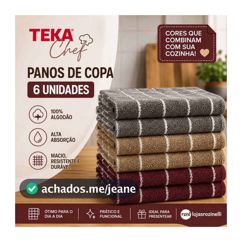 Kit 6 Panos de Prato Teka Chef Premium Atoalhado 100% Algodão 45 X 70 cm