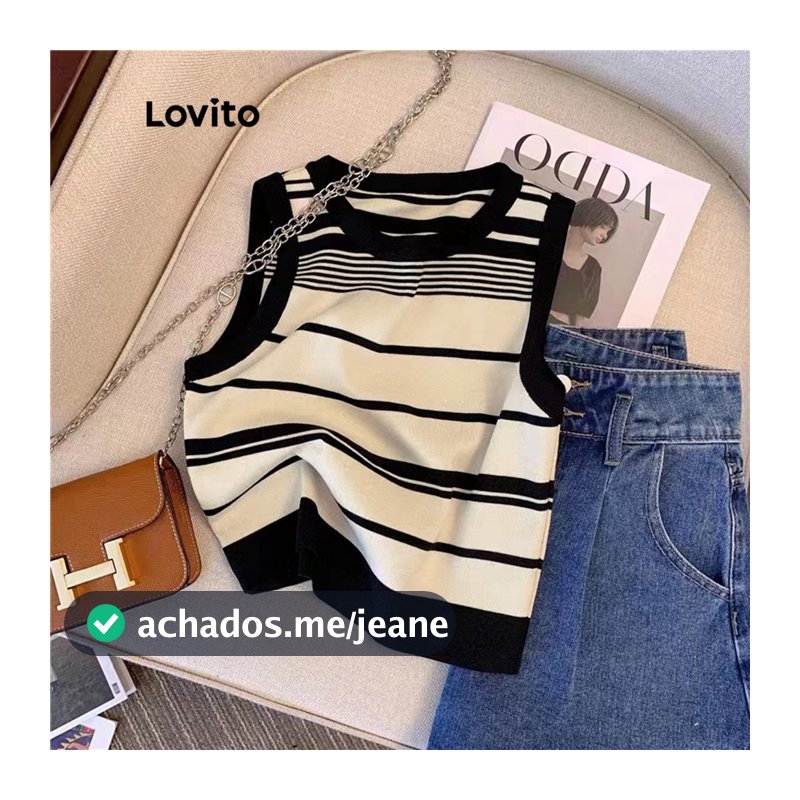 Lovito Top De Malha Casual Listrado Com Gola Contrastante Sem Mangas Para Mulheres LNA07134 (Rosa/Preto e Branco)