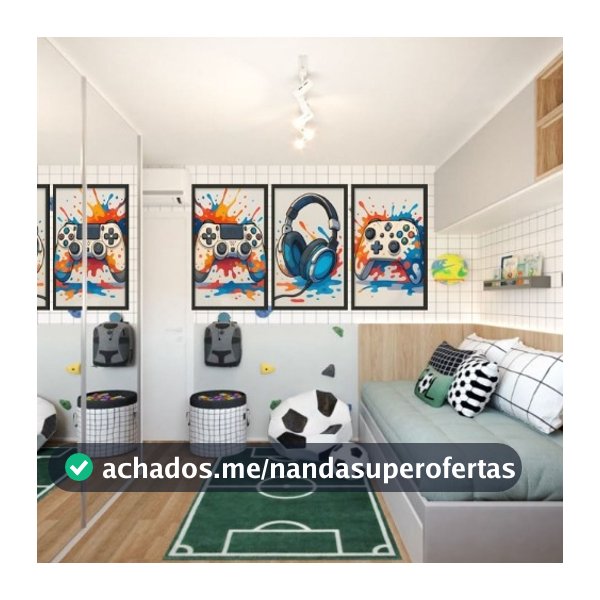 Quadro Decorativo Mosaico 50x30 Gamer fone Video gamer Quarto infantil Premium Luxo