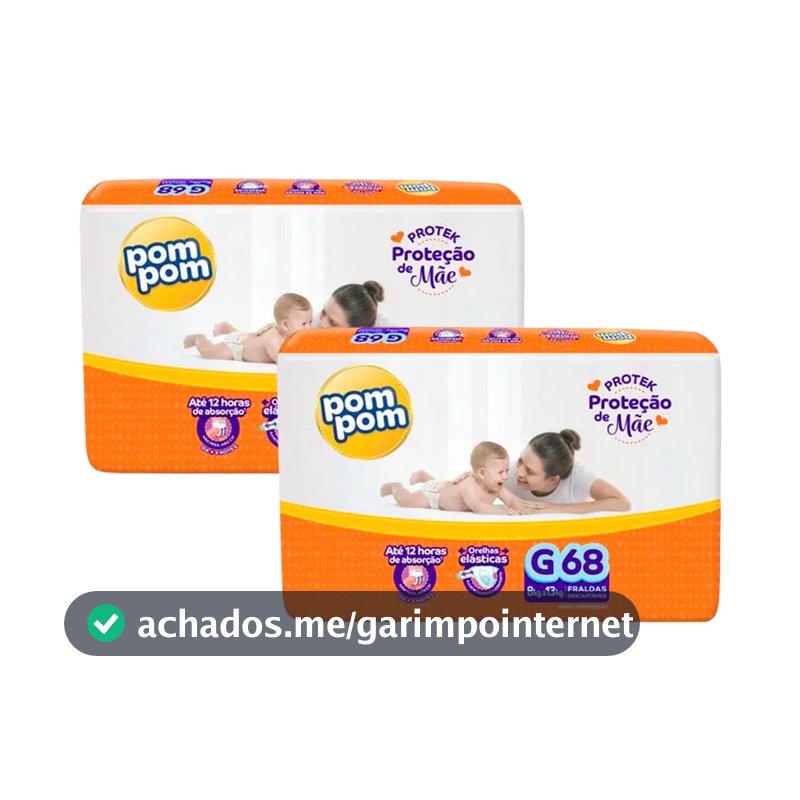 Kit 2 Fralda Descartável Pom Pom Protek Hiper G - 68 Unidades