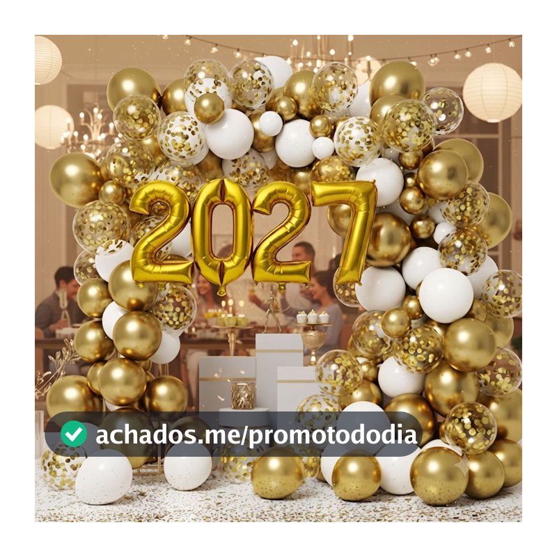 Kit Bexiga Balões Festa 2027 Decoração Arco Ano Novo Branco Dourado Cromado Metalizado Réveillon Fim De Ano + Fita