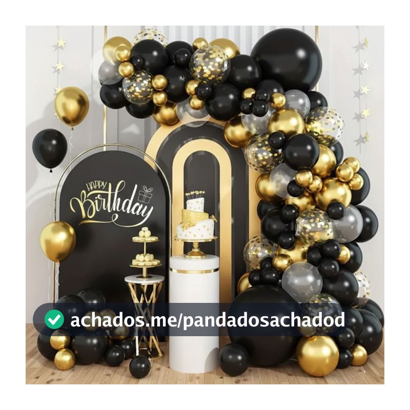 Kit Balões Preto Premium Luxo Dourado Cromado Metalizado Decoração Festa Aniversario Arco Desconstruído Guirlanda + Fita