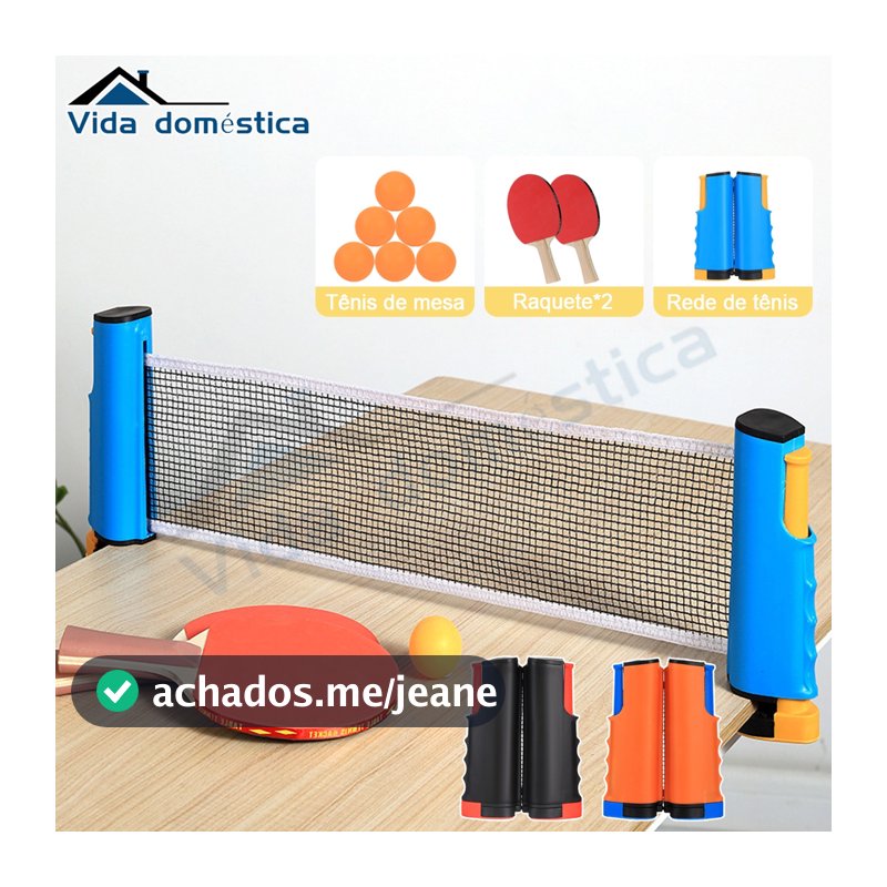 Kit Para Ping Pong Com 2 Raquetes 6 bolinhas e 1 Rede Retratil Adaptável Até 1,65M