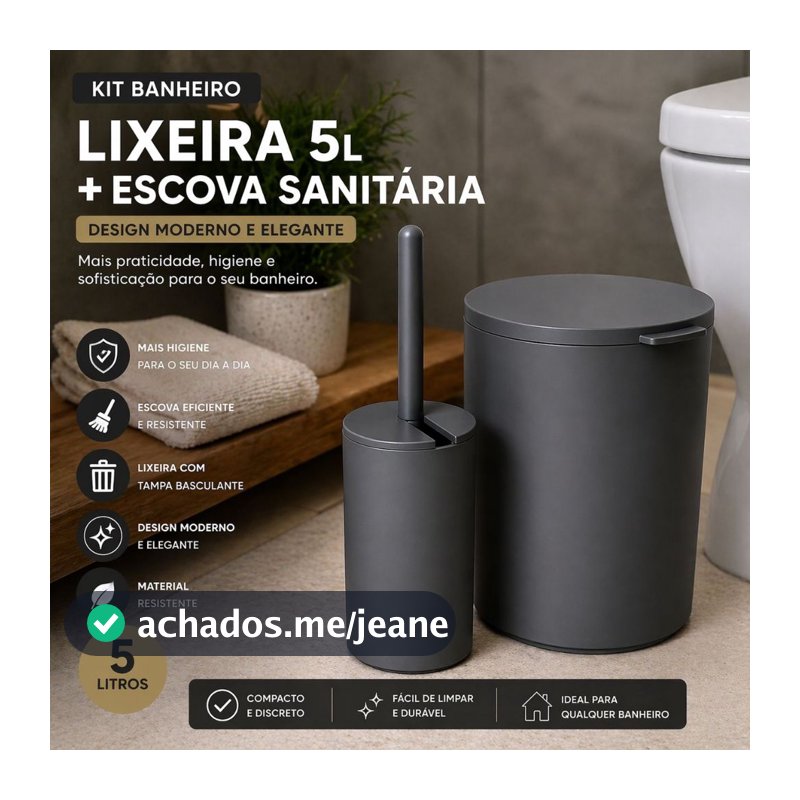 Kit Lixeira Banheiro 5 Litros + Escova Sanitária Suporte Fechado Moderno Premium