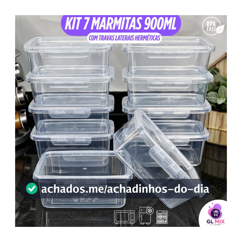 Kit 7 Marmitas 900ml Travas Laterais Herméticas Reutilizáveis - BPA FREE para Alimentos e Congelador
