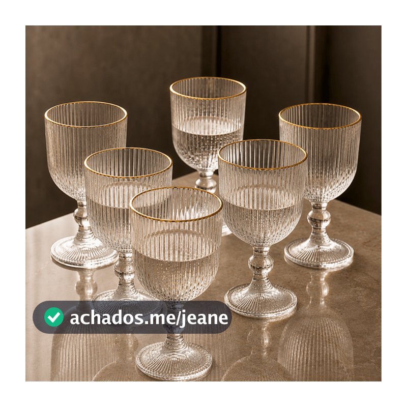Jogo 6 Taças Canelada com Borda Dourada 280ml Água Suco Drinks Mesa Posta