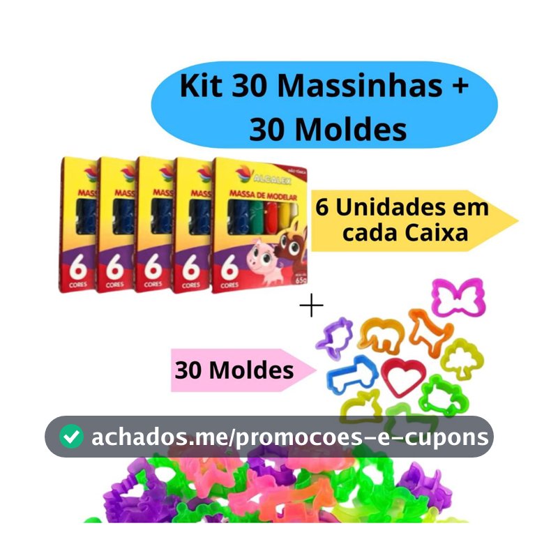 Kit 30 Unidades de Massinha de Modelar + 30 Forminha Molde Cortador Festa Criança Aniversário