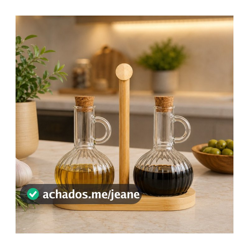 Conjunto de 2 Galheteiro de Vidro Base Madeira Cozinha Kit Restaurante Buffet Decoração Azeite