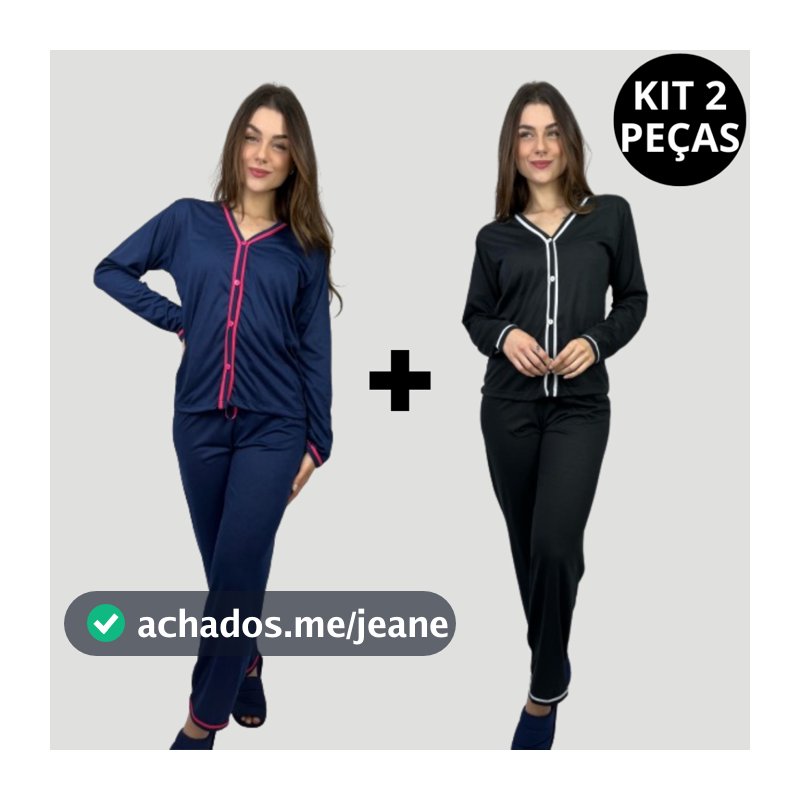 KIT 2 Peças Pijama Longo Americano Blogueirinha Feminino Aberto Amamentação de Botão Blogueira Promoção