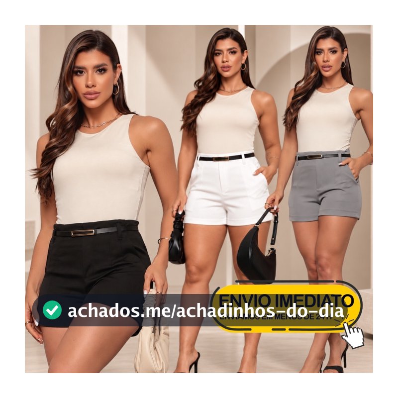Short Feminino Alfaiataria Social com Cinto cintura alta com bolso tendência