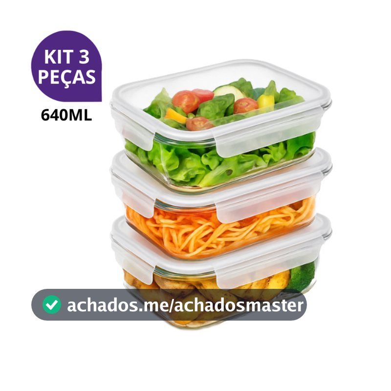 Kit 3 Potes Hermético Vidro 640ml Marmita Fitness Tampa 4 Travas Para Microondas e Freezer