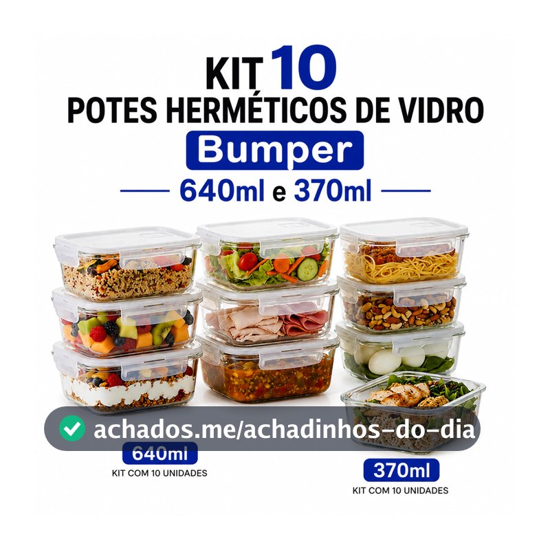 Kit 10 Pote de Vidro com Tampa Hermético Bumper 640ml e 370ml