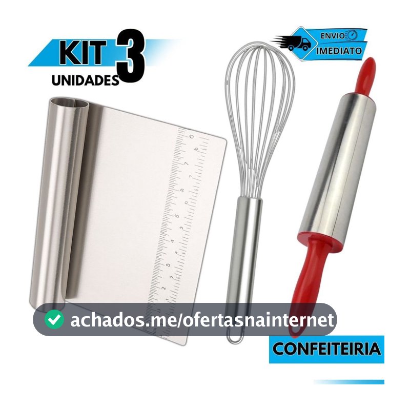 Kit Confeitaria Fouet Batedor Ovos Rolo de Massa Espátula Reta Raspadora Cozinha