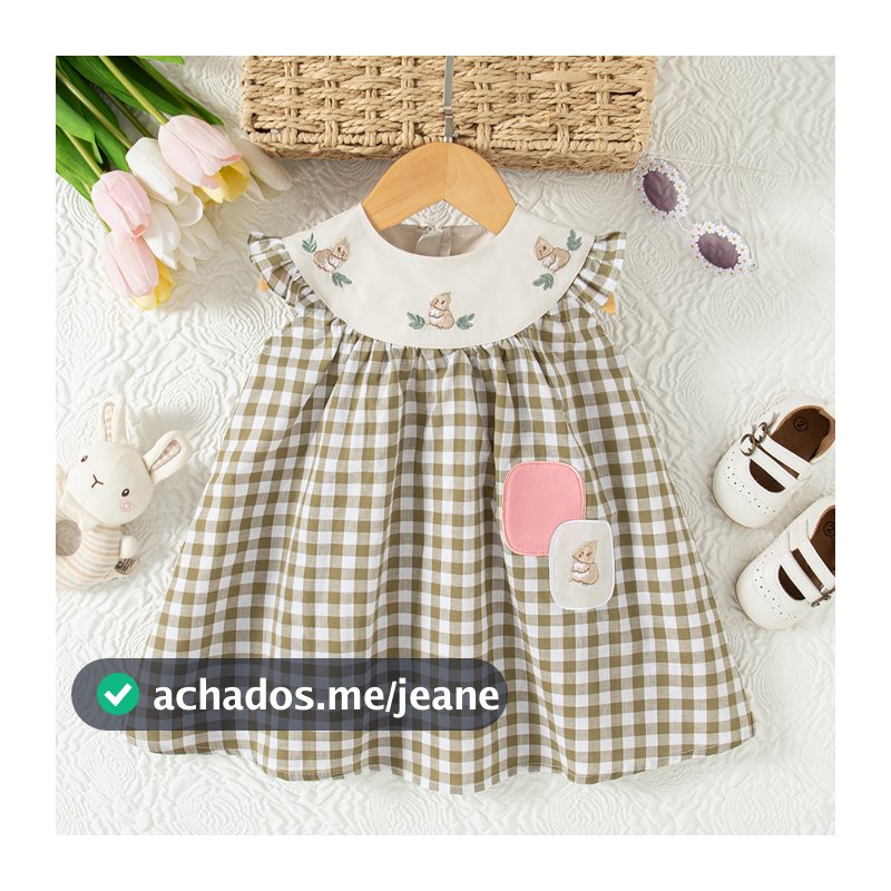 Verão Novo Bonito Esquilo Bordado Vestido Da Menina Do Bebê , Estilo Rústico Pequeno Xadrez Roupas Sem Mangas Das Crianç